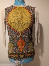 Desigual Embroidered Top Boho Hippy Mustard , 3/4 Sleeves Size XS