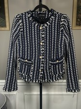 Jealous Tomato Navy White Tweed Jacket Blazer Gold Buttons Fringe Pockets Large