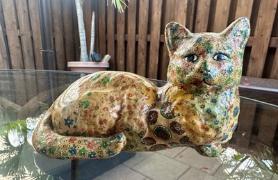 Vintage 70 s Decoupage Fabric Calico Patchwork Cat Figurine Folk Art 6.5 In.