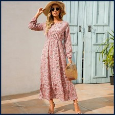 2026 Sping Summer Bohemian Women Maxi Dress Casual Long Sleeve High Waist Beach