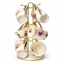 Floral Ceramic Set of 6 with Gold Handles & Display Stand – Elegant Tea Cups
