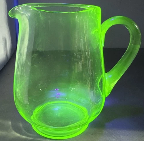 Uranium Glass Pitcher Vintage Green Depression Measures 7.5” Tall