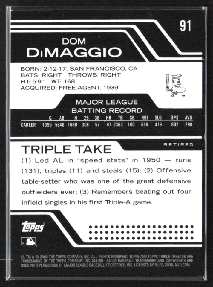 Dom DiMaggio 2006 Topps Triple Threads Black /30 #91 Boston Red Sox - Image 2 of 2