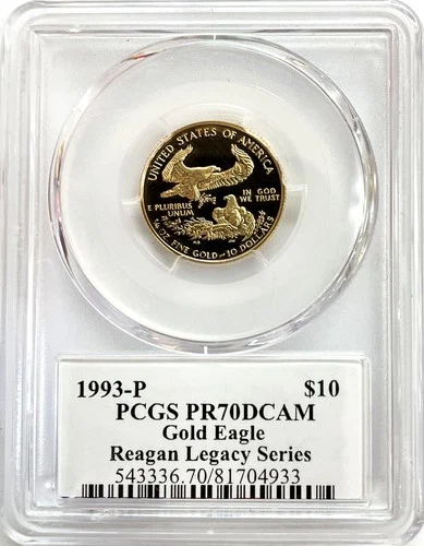 1993 P GOLD $10 AMERICAN EAGLE 1/4 OZ PROOF COIN REAGAN SIGNED PCGS PR 70 DCAM