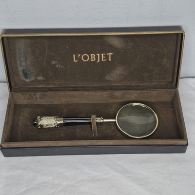 L'objet Vintage Magnifying Glass Solid Brass And Gold Enamel Handle With Box...