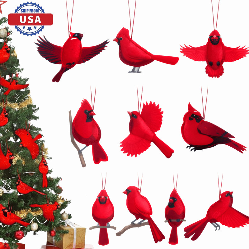 10Pcs Red Cardinal Christmas Ornaments Set 2D Wooden Bird Rustic Xmas Tree Decor
