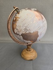 Vintage Desktop World Globe Cream & Copper Metallic Map Turned Wooden Base 30cm