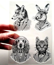 Clear Stamps PET PORTRAIT Cat Dog Rabbit Fox in Suit Rubber Stamping Card Making