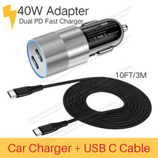 40W Dual Type C Car Charger Adapter USB C Cable For Galaxy S23/S22/S21/S20/S10 