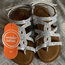 Wonder Nation Girls Silver Glitter Strappy Flat Sandals, Hook  Loop, US/AU 11