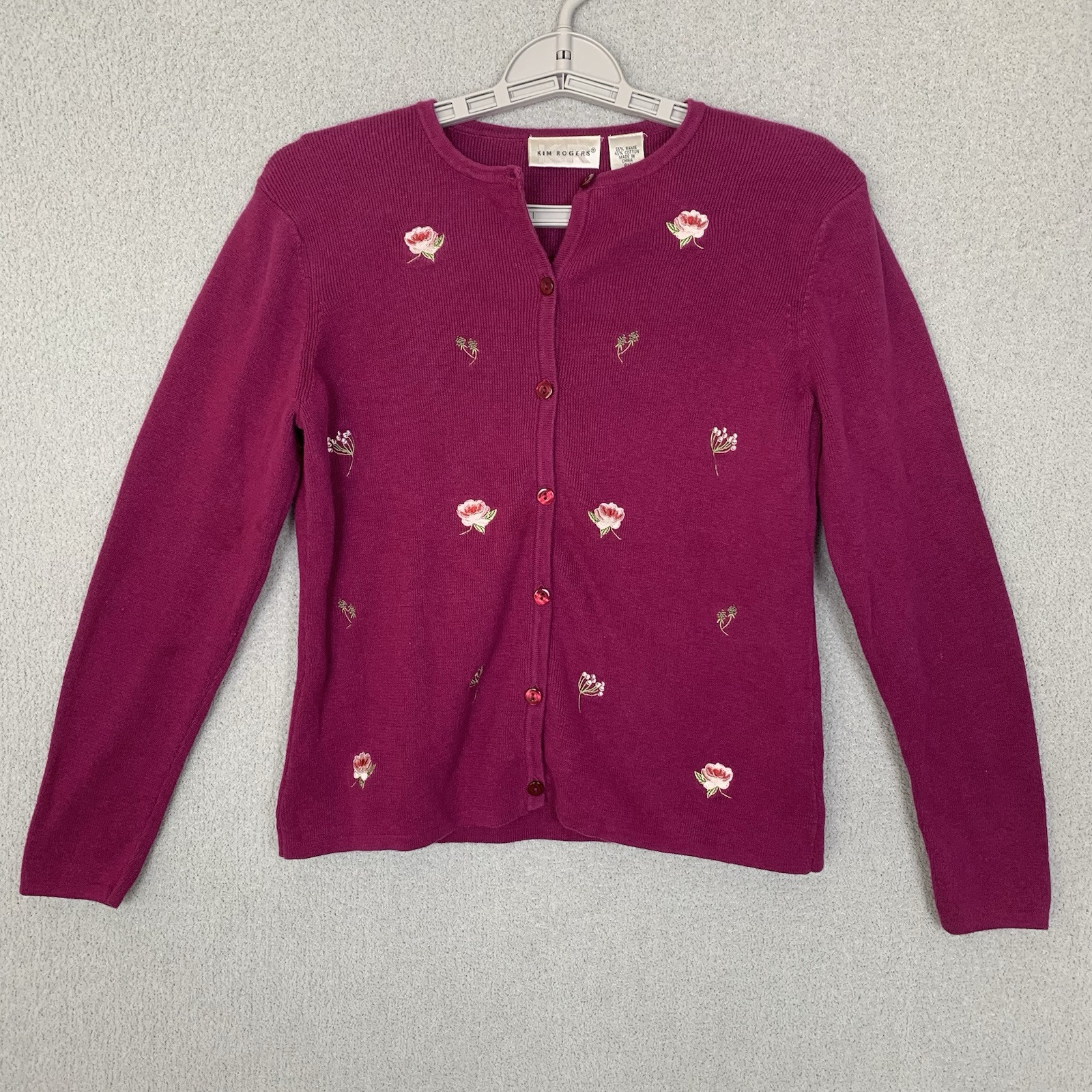 Kim Rogers Cardigan Sweater Women Petite M Purple Button Front Ribbed Crew Neck
