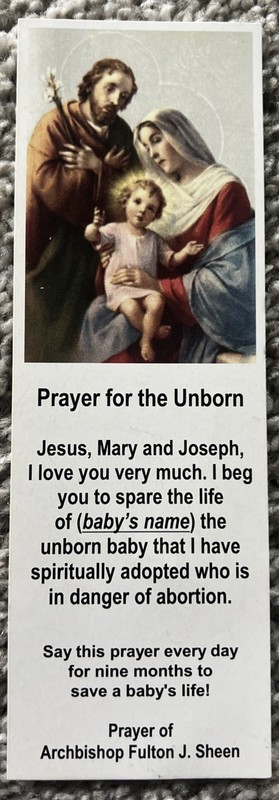New 6x2” Book Mark  Prayer For The Unborn Archbishop Sheen  To Holy Family