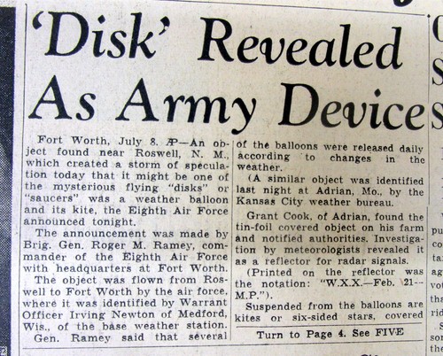 1947 newspaper FLYING SAUCER / UFO incident ROSWELL New Mexico explained by Army