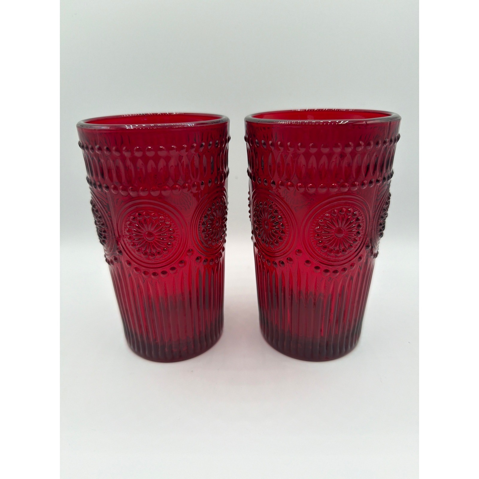 Pioneer Woman Ruby Red Embossed Glass Tumblers Set of 2 Drinking Glasses 16 oz