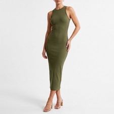 Shein Bodycon Midi Dress Womens XS Olive Green Pleated Round Neck Wide Strap
