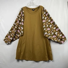 GiGiO USA Dress Womens Large Shift Floral Dolman Sleeves Relaxed Cotton Brown