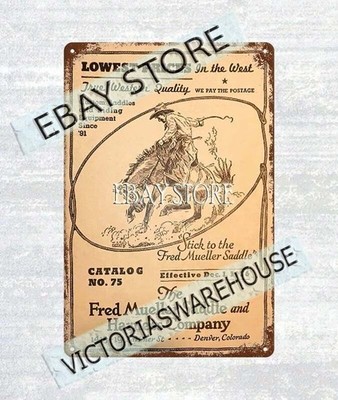 1936 Fred Mueller Saddle Harness Co Denver Colorado rodeo cowboy metal tin sign