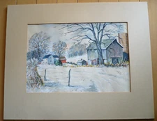 VINTAGE WINTER SNOW IMPRESSIONIST WATERCOLOR, LA FAYETTE, INDIANA Framer Label
