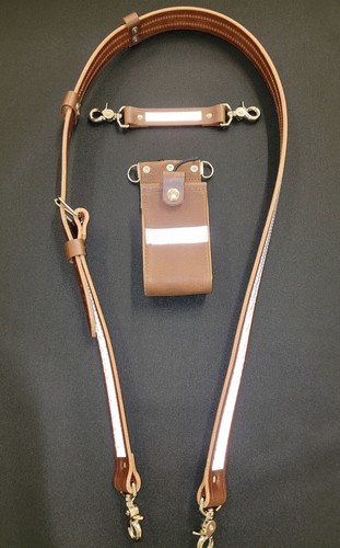 Firefighter Leather REFLECTIVE Radio Strap 3 pc. Pocket Holder Brown XL Size - Picture 2 of 19