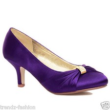 LADIES SATIN LOW MID HEELS WOMENS WEDDING BRIDAL BRIDESMAID STILETTO KITTEN SHOE