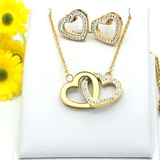 Stainless Steel Set Gold Plated Linked Hearts Necklace Earrings Gift