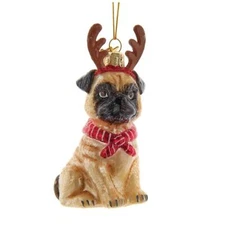 Kurt Adler Noble Gems Glass Ornament for Christmas Tree, Pug with Antlers