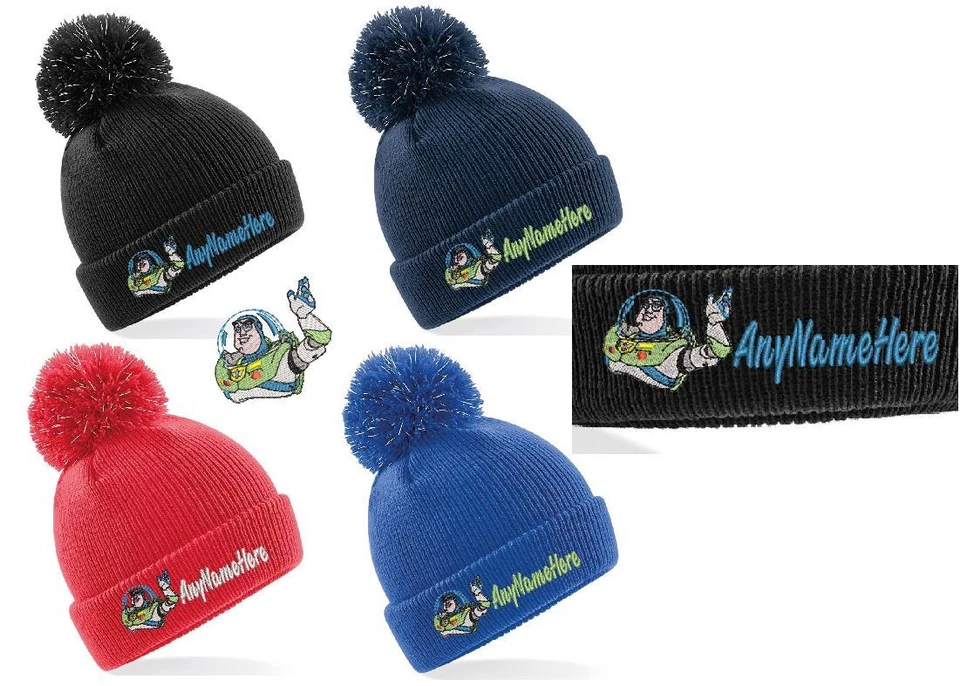 EMBROIDERYBY GEORGE BUZZ DESIGN WINTER KIDS BOBBLE HAT TOY STORY PERSONALISED EMBROIDERED WITH NAME