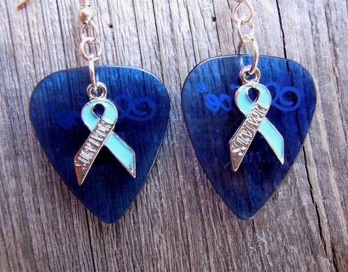 Light Blue Survivor Ribbon Guitar Pick Earrings - Picture 5 of 7