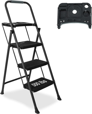 3 Step Ladder with Tool Tray Platform, 500 Lbs Folding Step Ladder, Wide Non-Sli
