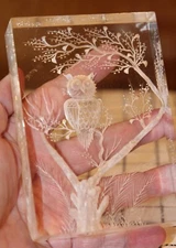 VTG Lucite Art Carving Sculpture Reverse Etched Carved Owl 3.5" x 5" tall MCM