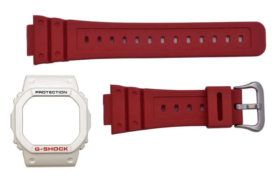 Correa y bisel de reloj genuino Casio G-Shock DW-5600P-4 DW-5600TB-4A rojo/blanco Foto 2 de 4
