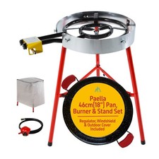 Paella Pan Set. Gas Burner & Tripod Stand Full Kit. 12 Servings (46cm, 18-inch).