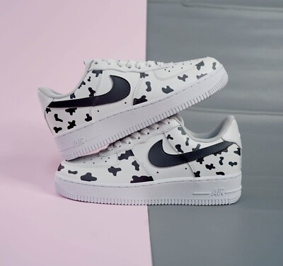 Black Cow Print Moo Solid Swoosh Custom Air Force White Shoes Womens Kids  Mens