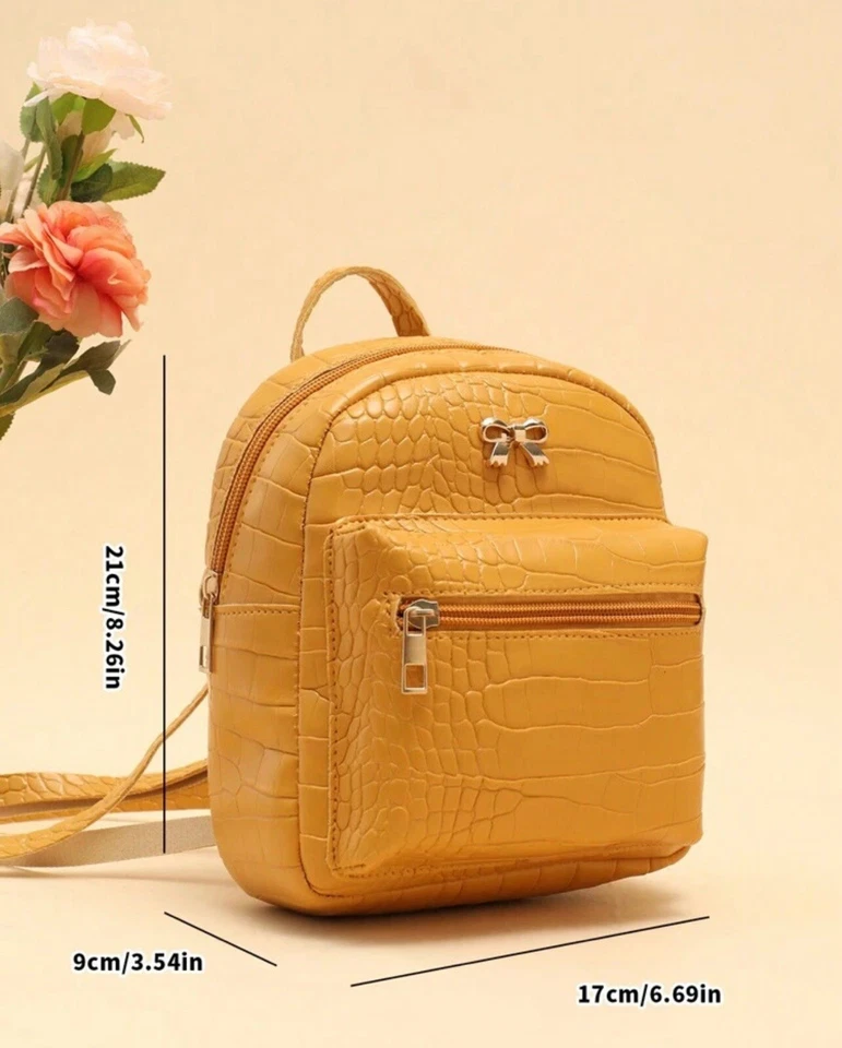 Sac A Dos Simili Cuir Crocodile Jaune Citron Moutarde Femme Noeud Papillon Zippé - Photo 2/4
