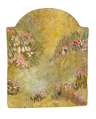 VTG ARCHED PAINTING GARDEN PATH FLOWERS SLAB STONE LOOK PLASTER PINK RED YELLOW