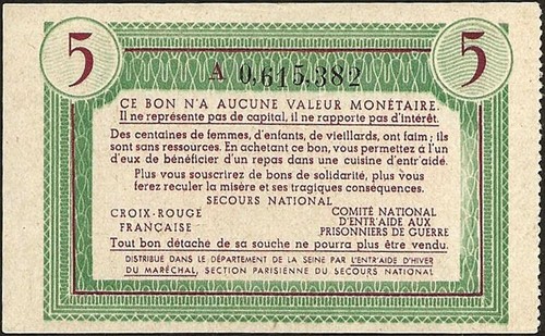 France - Bon de solidarité 5 Francs WWII 1940-1944 "Maréchal Pétain" NEUF ! - Picture 2 of 2