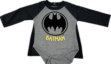 DC Comics Baby Grey Black Long Sleeve Cotton Batman Logo Bodysuit Cape Sz 0-3 MO