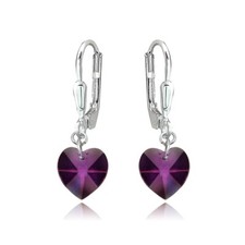 Dainty Heart Purple Sterling Silver Leverback Earrings with European Crystals
