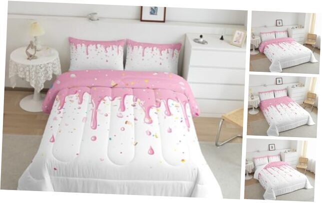 Ice Cream Comforter Set Size,Kids White Pink Cream Decor All Full Pink White