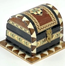 Vintage Inlaid Wood & Mother of Pearl Domed Trinket Box Jewelry Chest Trunk