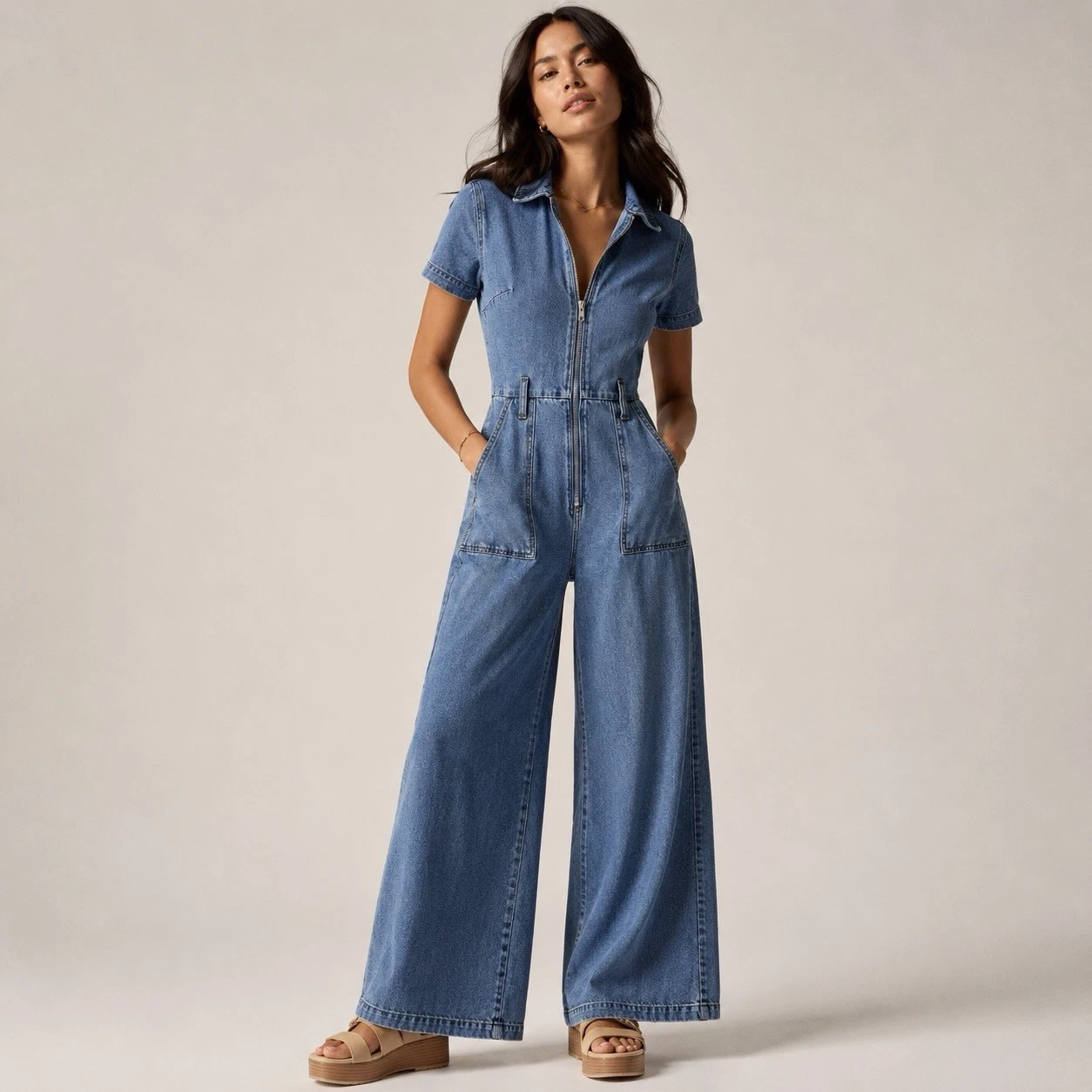 Denim Jumpsuit Womens Small Wide Leg Zip Front Boilersuit Utility Blue Premium