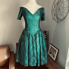 Vintage Gunne Sax Jessica McClintock Green Metallic Lace Prom Party Dress Size S