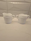 Vintage Westmoreland Milk Glass Hobnail w/Handles Creamer and Sugar Dishes Set