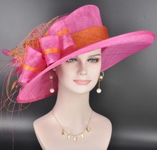 Hot Pink w Orange Kentucky Derby Hat,  Royal Ascot Hat, Tea Wedding Party Hat