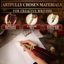 Red Feather Quill Pen and Ink Set - 11.4" Antique Feather Pen and Ink Set wit...