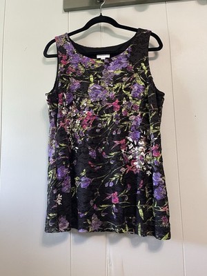 Susan Graver Lace Overlay Sleeveless Top Womens L Black Stretch Lined
