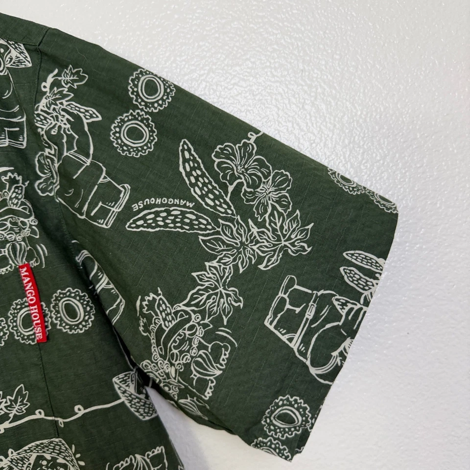 Camisa Hawaiana Mango House Okinawa Para Hombre Mediana Verde Shisa Japón Gráfico Playa Foto 3 de 4