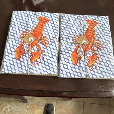 Mud Pie Flour Sack Cotton Tea Towels 2-Pack Lobster Coastal White Blue Orange