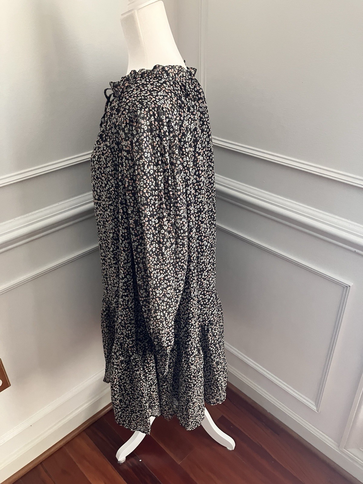 Mango MNG Women's Black Floral Boho Long Sleeve Mini Dress Size 10 New thumbnail 4