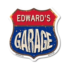 Edward's Garage Shield Shaped Sign Weather Resistant Crafted in the USA